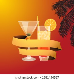 Summer Red and Yellow Background with Palm Tree Cocktails Drinks and Black Banner