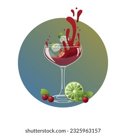 Summer refreshing cocktail - bright vector illustration on the theme of sangria, wine, cocktails with ice. Splashes, taste, juiciness. Menu or recipe book