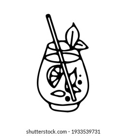 Summer refreshing cocktail with lemon wedge and mint leaves. With a straw in a glass.  Alcoholic drink. Beach, bar concept