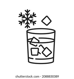 Summer refreshing drink, cold water in glass with ice cubes, snowflakes sign. Vector cocktail sign, froze liquid in fridge, beverage with ice cubes, juice or alcohol drink in cup, thin line outline