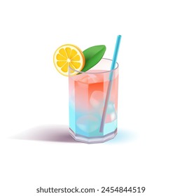 Summer refreshing drink, ice cocktail in a glass, 3D. Alcoholic realistic drink with tangerine and straw for leisure design concepts, and restaurant business. Vector