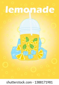 summer refreshing drink, lemonade, fresh, ice cubes, lemon slices and mint leaves. Vector poster of orange color with bubbles.