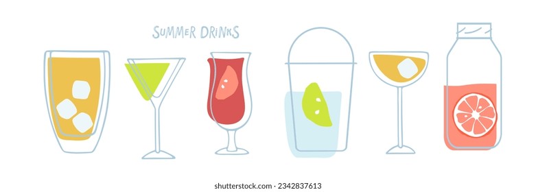 Summer refreshing drink set. Different types of drinks ib doodle style. Cocktails with ice cubes and fruit slices. Liquids in glasses and bottles for menu, party decor, beverage template, recipes.