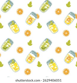 summer refreshing drinks: juice, lemonade, soda, cocktail, mojito, seamless pattern. for backgrounds, summer menu design, cocktail party invitations, packaging