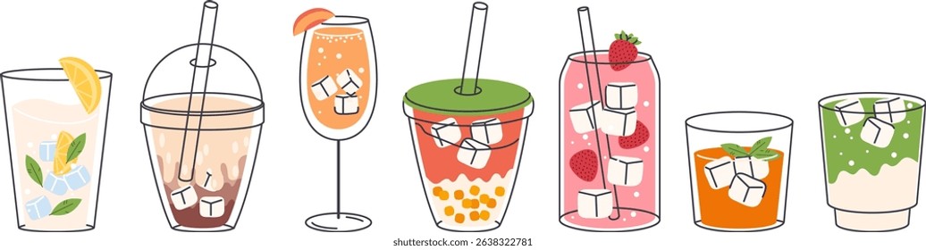 Summer Refreshing Drinks line art hand drawn vector illustration set. Iced beverage in glasses. Sweet cocktails, coffee, matcha, alcohol, bubble tea. Chilled party drinks, bar menu refreshments, icons