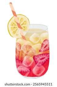 Bebida refrescante de verano, cócteles de limonada de fresa con una rebanada de fresa, pintura de manos de acuarela Mojito con jugo de frutas, Vector Concepto de bebida fría para vacaciones de fiesta