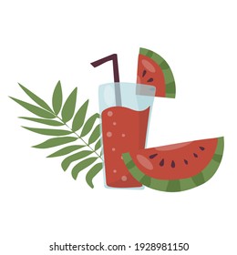 Summer refreshing fruit cocktail. Non-alcoholic drinks in a simple glass glass and straw. Fresh smoothies and slices of fresh fruit against a backdrop of palm leaves. Healthy vegan food. vector flat