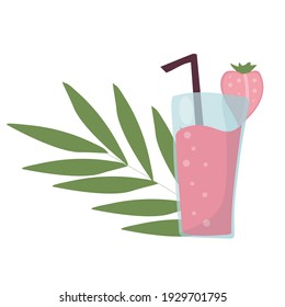 Summer refreshing fruit cocktail. Non-alcoholic drinks in a simple glass glass and straw. Fresh smoothies and slices of fresh fruit against a backdrop of palm leaves. Healthy vegan food. vector flat