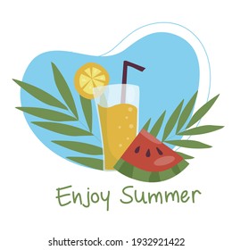 Summer refreshing fruit cocktail. Non-alcoholic drinks in a simple glass glass and straw. Fresh smoothies and slices of fresh fruit against a backdrop of palm leaves. Healthy vegan food. vector flat
