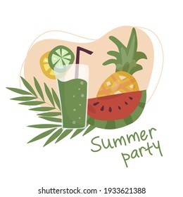 Summer refreshing fruit cocktail. Non-alcoholic drinks in a simple glass glass and straw. Fresh smoothies and slices of fresh fruit against a backdrop of palm leaves. Healthy vegan food. vector flat