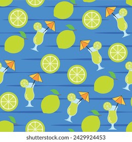 Summer Refreshing Lemon Pattern - Whole Lemons, Half Lemons and Lemon Juice in Pool Blue Background. Seamless Link.