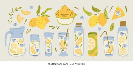Summer refreshing lemonade in a jug and various glasses with lemon slices, ice and a straw. Citrus drink and ingredients for making homemade lemonade. Lemons and leaves for menu design.