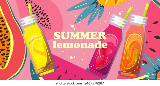 Summer refreshing lemonades in glass bottles. Cocktails with papaya, pineapple, watermelon. Juices, drinks on a background of tropical fruits. Summer background.Vector illustration.