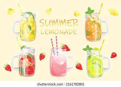 Summer refreshing lemonades in glass jars. Cocktails with strawberries, lime, lemon, grapefruit, orange.