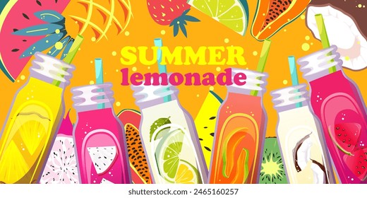 Summer refreshing lemonades in glass jars. Cocktails with strawberry, lime, pineapple, watermelon, coconut. Juices, drinks on a background of tropical fruits. Summer background.Vector illustration.