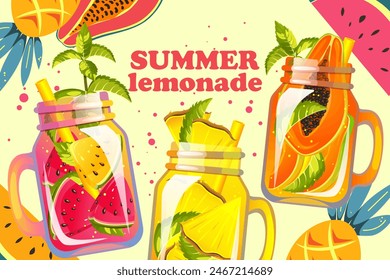 Summer refreshing lemonades in glass jars. Cocktails with papaya, pineapple, watermelon. Juices, drinks on a background of tropical fruits. Summer background.Vector illustration.