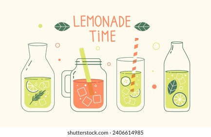 Summer refreshing lemonades in a glass glass, jug, bottle