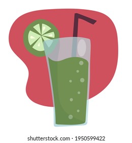 Summer refreshing lime fruit cocktail. Non-alcoholic drinks in a glass. Lemonade and slices of fresh fruit. Healthy vegetarian food. vector flat illustration.