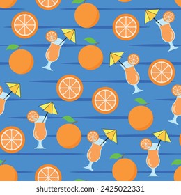 Summer Refreshing Orange Fruit Pattern - Whole Oranges, Half Oranges and Oranje Juice in Pool Blue Background. Seamless Link.