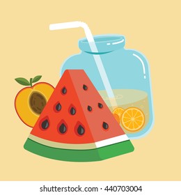 summer refreshing set with watermelon, peach and jar with orange lemonade