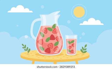 Summer refreshing strawberry lemonade served in a glass pitcher and cup on a round table under a bright sunny sky with clouds.
