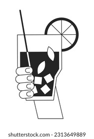 Summer refreshment bw vector spot illustration. Holding straw cocktail glass with ice 2D cartoon flat line monochromatic first view hand for web UI design. Editable isolated outline hero image