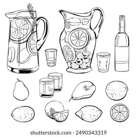 Refrescos de verano con frutas y bayas. Conjunto de ilustración de bebida con contorno de Vector negro aislado en blanco