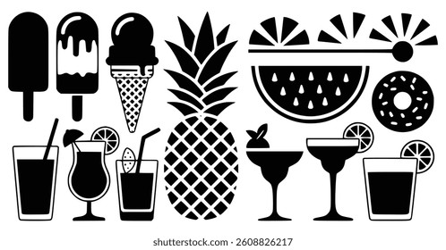 Summer Refreshments And Treats Black And White Vector Illustration Collection