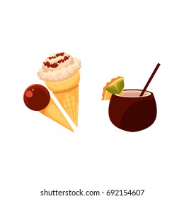 Summer refreshments - vanilla and chocolate ice cream cones, cocktail in coconut shell, cartoon vector illustration isolated on white background. Cartoon style ice cream cones and coconut drink