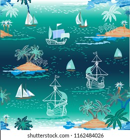 Summer regata. Seamless vector pattern with ocean, boats, islands and palms. Tropical textile collection.