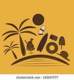 a lot of summer related brown items in a yellow background