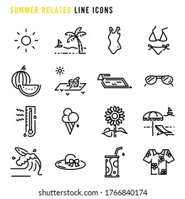 Summer related line icons,  Set of simple summer related sign line icons, Cute cartoon line icons set, Vector illustration, Summer related things line icons 