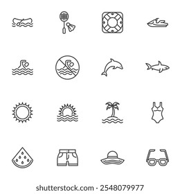 Conjunto de iconos de línea relacionados con el verano, colección de símbolos de Vector de contorno, paquete de pictogramas de estilo lineal. Señales, ilustración del logotipo. El conjunto incluye iconos como sol y mar, playa de palma, traje de baño, gafas de sol, sombrero, pantalones cortos