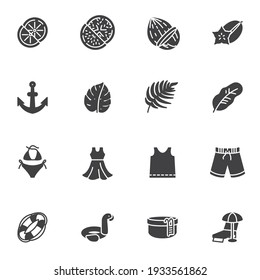 Summer related vector icons set, modern solid symbol collection, filled style pictogram pack. Signs, logo illustration. Set includes icons as summer fruit, swimsuit, beach short, swimming pool, shirt