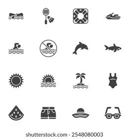 Conjunto de iconos vectoriales relacionados con el verano, colección de símbolos sólidos modernos, paquete de pictogramas de estilo relleno. Señales, ilustración del logotipo. El conjunto incluye iconos como sol y mar, playa de palma, traje de baño, gafas de sol, sombrero, pantalones cortos