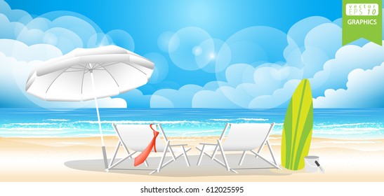 Summer relax  Businessman with Background, Sea, blue, sand, beach, chair, umbrella,necktie,surfboard.