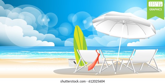 Summer relax  Businessman with Background, Sea, blue, sand, beach, chair, umbrella,necktie,surfboard.