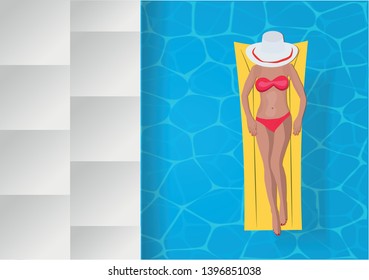 Summer relax concept. Top view on the swimming pool with sexy girl with hat