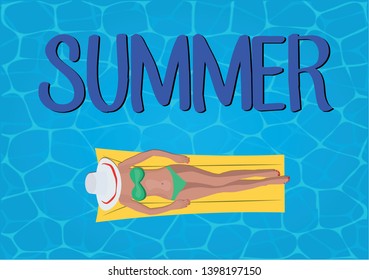 Summer relax concept. Top view on the swimming pool with sexy girl with hat