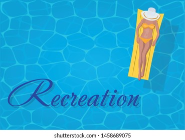 Summer relax concept. Top view on the swimming pool with sexy girl with hat with text recreation