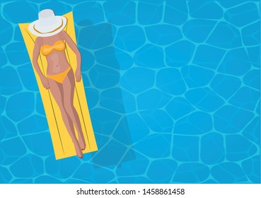 Summer relax concept. Top view on the swimming pool with sexy girl with hat 