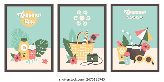 Summer relax. Cool Cocktail in Coconut. Tropical beach drink with umbrella, straw. Different Sunscreen bottles. Fashion beach bag with camera. Set of Vector flat cartoon illustration. 