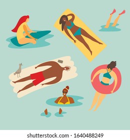 Summer relax near beach set vector illustration. People rest on inflatable mattress, dives with flippers dive. Swimming with rubber rings. Summer relax and outdoor activities. Summer holiday rest