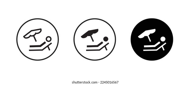 Summer relax sunbathing, Sunbed icon. Resort, beach, chair, furniture, lounger, parasol, relaxation, sea, umbrella Parasol lounger, sun
icon symbol logo illustration,editable stroke