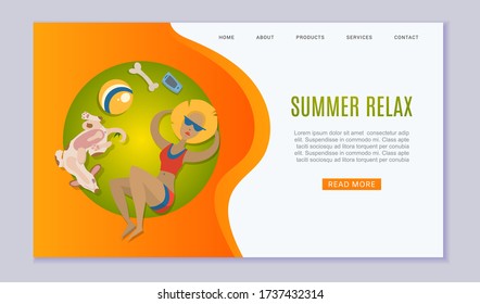 Summer relax vacation taking sun baths in park or beach with happy woman and dog cartoon web template vector illustration. Caucasian woman on vacation in swinsuit top view. Website for sea vacation.
