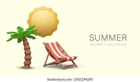 Summer relaxation concept. Vacation on tropical coast. 3D sun, palm tree, striped deck chair