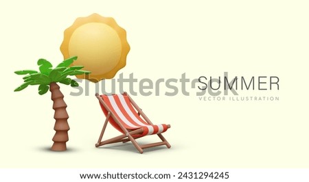 Summer relaxation concept. Vacation on tropical coast. 3D sun, palm tree, striped deck chair