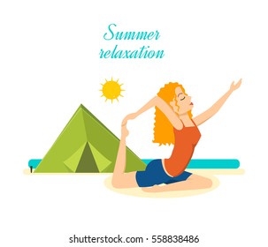 Summer relaxation. Girl relaxes and restores power to the beach, a beautiful summer day, relaxing and doing yoga. Vector illustration. Can be used as banner, commercial materials.
