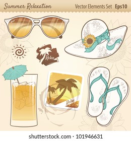 Summer Relaxation Set with cool shaded sunglasses,flower hat & ribbon,refreshing drink & umbrella,beach scene drink coaster,water rings from cup,flip flops,palm tree logo,sun icon,and flower drawings.