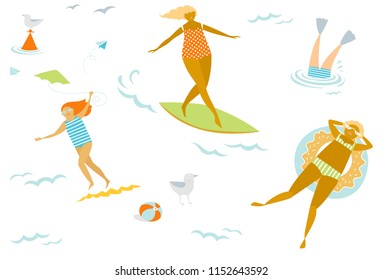 Summer relaxing people background. Vector illustration with swimmers. Children, women, adults swimming in the sea.